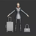 Woman In Blue Coat With Fur Collar And Sunglasses Standing By Travel Suitcase And Handbag