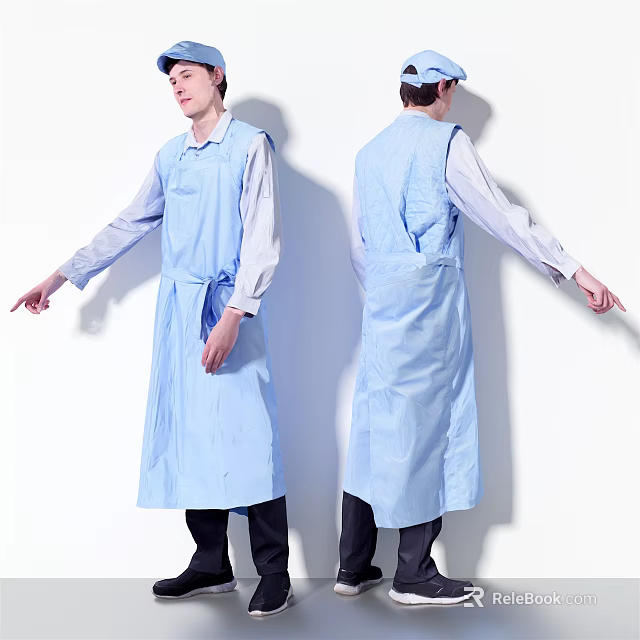 Two Men Wearing Long Blue Aprons With Long Sleeve Shirts Showing Front And Back Views 3d model 