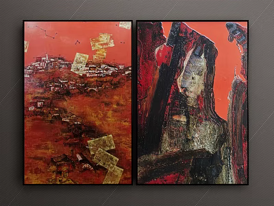 Two Abstract Artworks With Red Tones Village Elements And Black Gray Lines 3d model