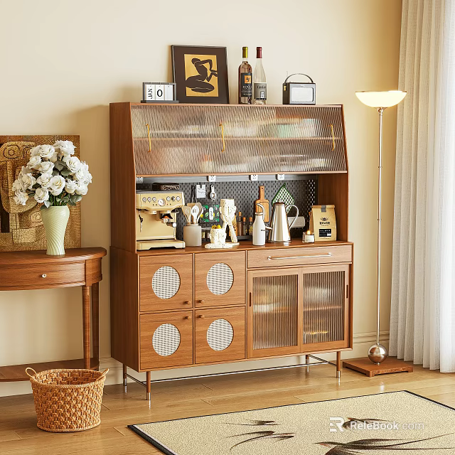Wooden Sideboard with Glass Doors Decorative Shelves and White Flowers Floor Lamp 3d model 