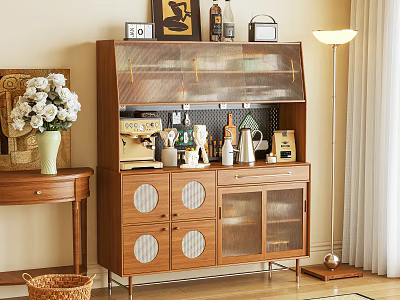 Wooden Sideboard with Glass Doors Decorative Shelves and White Flowers Floor Lamp 3d model