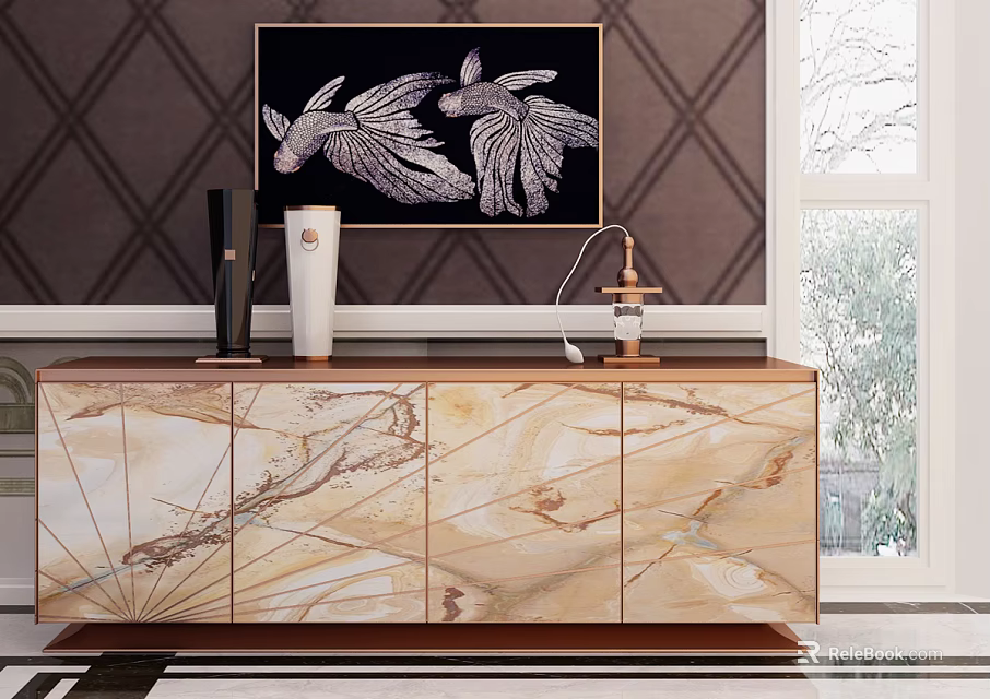 Modern Console Cabinet Sideboard with Marble Texture Decorative Painting Vase and Table Lamp 3d model 