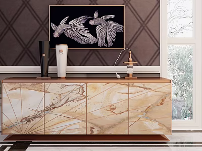 Modern Console Cabinet Sideboard with Marble Texture Decorative Painting Vase and Table Lamp 3d model