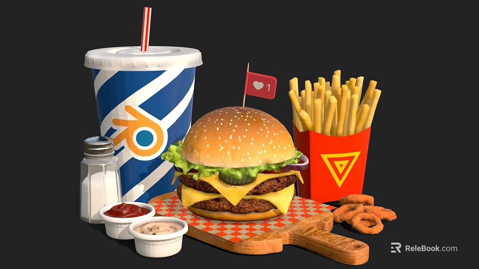 Delicious Fast Food Meal Featuring Hamburger Fries Drink And Onion Rings With Sauces And Condiments 3d model 