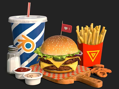 Delicious Fast Food Meal Featuring Hamburger Fries Drink And Onion Rings With Sauces And Condiments 3d model