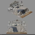 Elegant Double Bed With Carved Headboard Nightstands Table Lamps Pillows Blanket And Rug