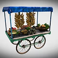 Commercial Green Mobile Fruit Cart With Blue Canopy And Assorted Fresh Fruits