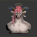 Pink Haired Fantasy Game Movie Character With Halo And Blue Glowing Horns