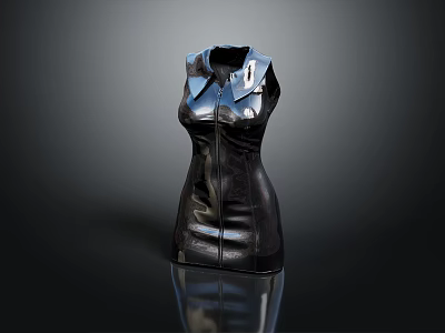 Black Sleeveless Leather Dress With V Neck Fitted Silhouette And Reflective Finish 3d model