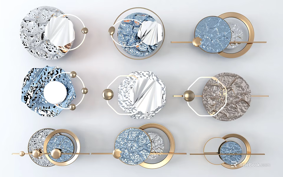 Modern Stylish Wall Decor With Circular Metal Frames And Blue Silver Textures 3d model