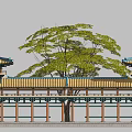 Traditional Chinese Ancient Architecture Multi Layered Pavilion With Green Tiled Roofs Yellow Decorations And Trees