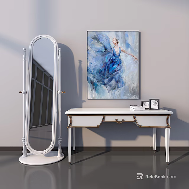 Elegant White Dressing Table With Full Length Mirror And Wall Painting Decor 3d model 