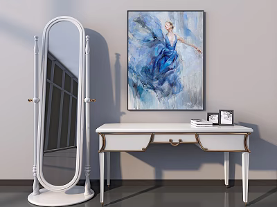 Elegant White Dressing Table With Full Length Mirror And Wall Painting Decor 3d model