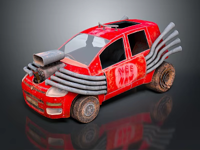 Red Modified Car With Multiple Exhaust Pipes NEE Logo And Worn Tires 3d model
