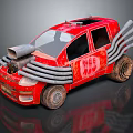 Red Modified Car With Multiple Exhaust Pipes NEE Logo And Worn Tires