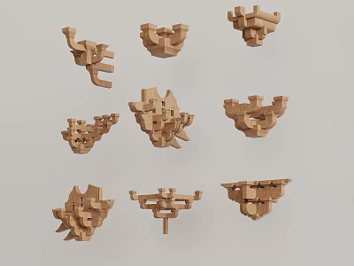 Intricate Wooden Architectural Components With Complex Traditional Structures Arranged On Gray Background 3d model
