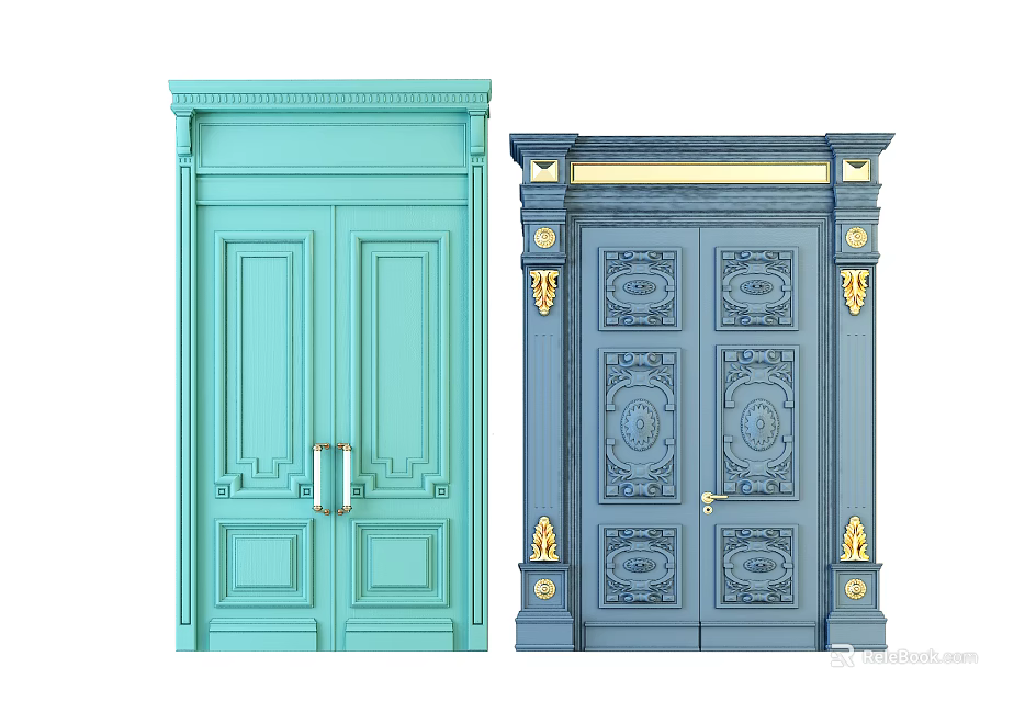 Light Blue And Dark Blue Decorative Double Doors With Carved Patterns And Gold Accents 3d model 