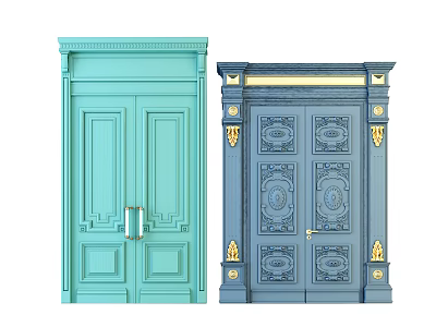 Light Blue And Dark Blue Decorative Double Doors With Carved Patterns And Gold Accents 3d model