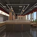 Modern Restaurant Interior With Open Layout Marble Counter Ceiling Linear Lights Red Walls Large Windows 3d model