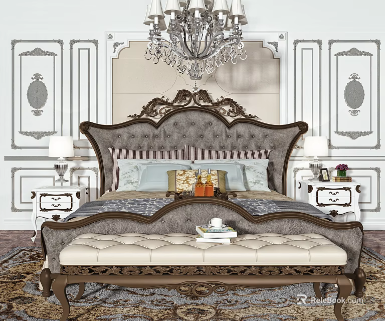 Background Double Bed With Tufted Headboard Bedside Tables Lamps Chandelier And Wall Paneling 3d model 