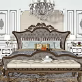 Background Double Bed With Tufted Headboard Bedside Tables Lamps Chandelier And Wall Paneling