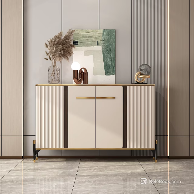 Elegant Modern Entryway Side Cabinet With White Finish Golden Handles And Decorative Vase 3d model 