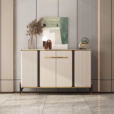 Elegant Modern Entryway Side Cabinet With White Finish Golden Handles And Decorative Vase 3d model