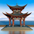 Chinese Traditional Pavilion With Multi Layered Eaves By Waterfront Under Blue Sky