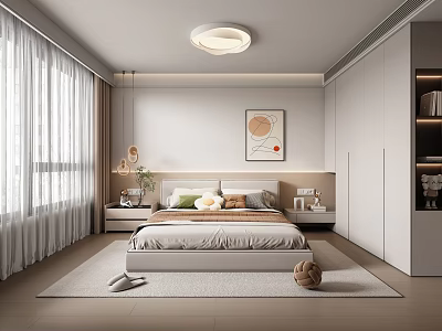 Modern Bedroom Interior Design With Bedside Tables Wall Art Curtains And Soft Rug 3d model