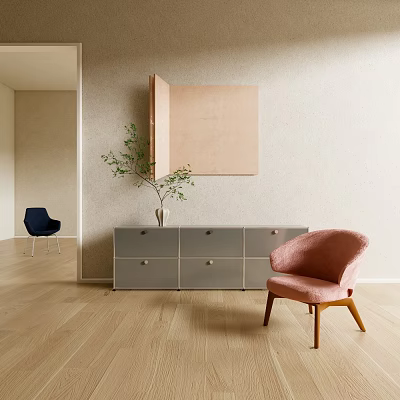 Modern Console Table Interior With Gray Cabinets Pink Chair Mirror And Green Plant 3d model