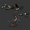 Cartoon Scene With Brown Tree Black Bird White Flowers Green Leaves And Purple Flowers On Grass