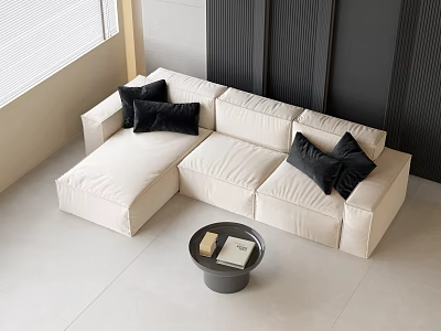Cream Three Seater Sofa with Black Cushions and Round Coffee Table in Modern Living Room 3d model