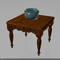 Reddish Brown Wooden Square Table with Carved Details Drawer and Blue Ceramic Jar on Top