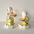 Golden And White Monk Figurine Candle Lamp Holding Tray With Lit Candle