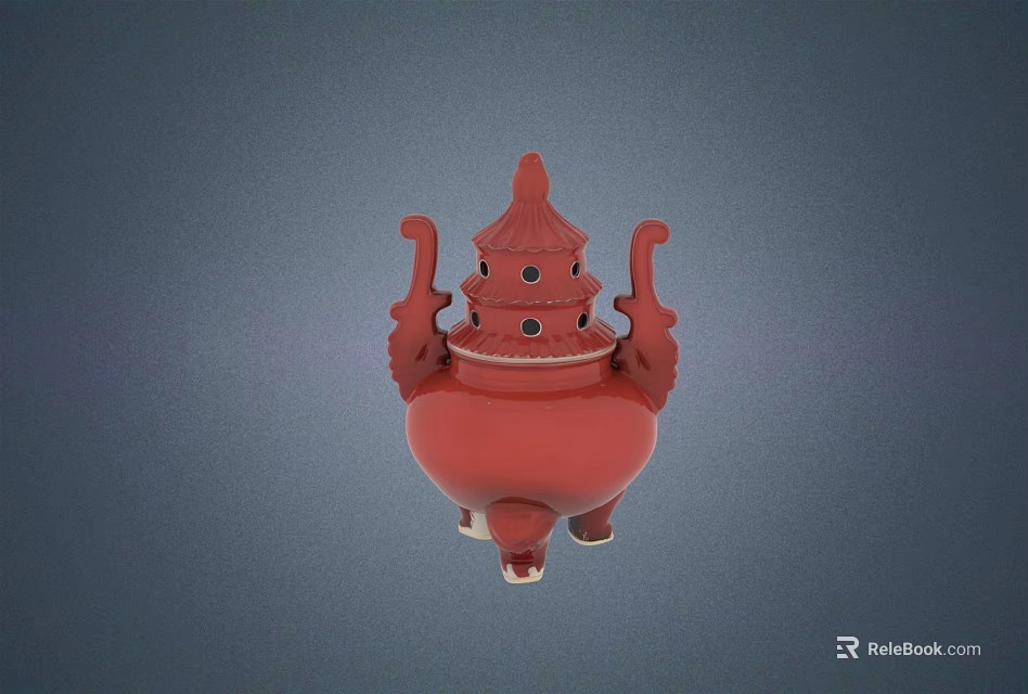Red Ceramic Vessel with Lid Double Ears and Three Legs Incense Burner Style 3d model 