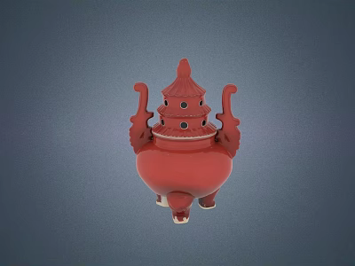Red Ceramic Vessel with Lid Double Ears and Three Legs Incense Burner Style 3d model