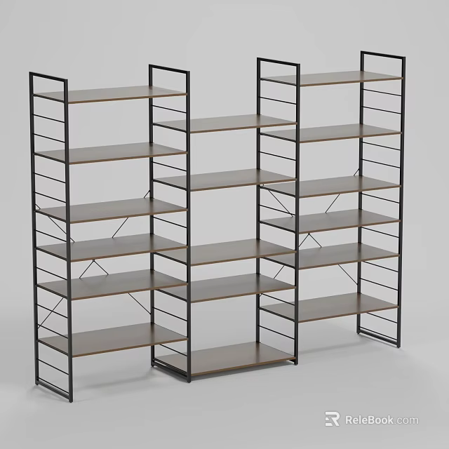 Modern Multi Tier Shelving Unit With Black Metal Frame And Wooden Storage Shelves 3d model 