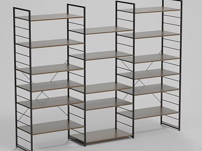 Modern Multi Tier Shelving Unit With Black Metal Frame And Wooden Storage Shelves 3d model