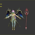 Fantasy Horned Character With Blue Wings White Outfit And Long Spear Weapon Design