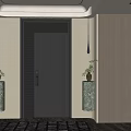 Bonsai Plants On Marble Pillars By Modern Black Door With Hanging Lamps