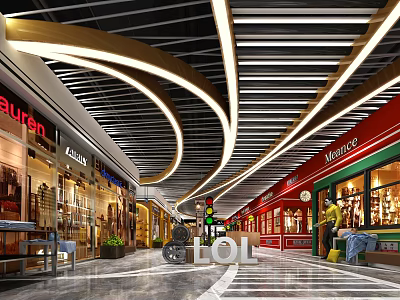 Mall Shops Interior Design With Curved Ceiling Lighting Brand Stores And Marble Floor 3d model