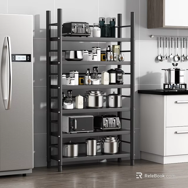 Kitchenware Organized on Black Metal Shelf with Pots Microwave Toaster Cans Bottles in Modern Kitchen 3d model 