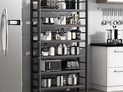 Kitchenware Organized on Black Metal Shelf with Pots Microwave Toaster Cans Bottles in Modern Kitchen 3d model
