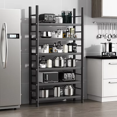 Kitchenware Organized on Black Metal Shelf with Pots Microwave Toaster Cans Bottles in Modern Kitchen 3d model