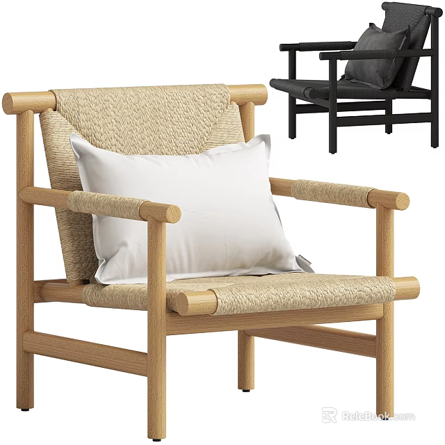 Modern Lounge Chair With Wooden Frame Woven Backrest White Cushion And Light Black Color Options 3d model 