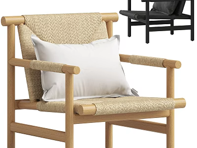 Modern Lounge Chair With Wooden Frame Woven Backrest White Cushion And Light Black Color Options 3d model