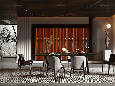 Modern Restaurant Interior Design With Dining Table Chairs Pendant Lights And Decorative Plants 3d model