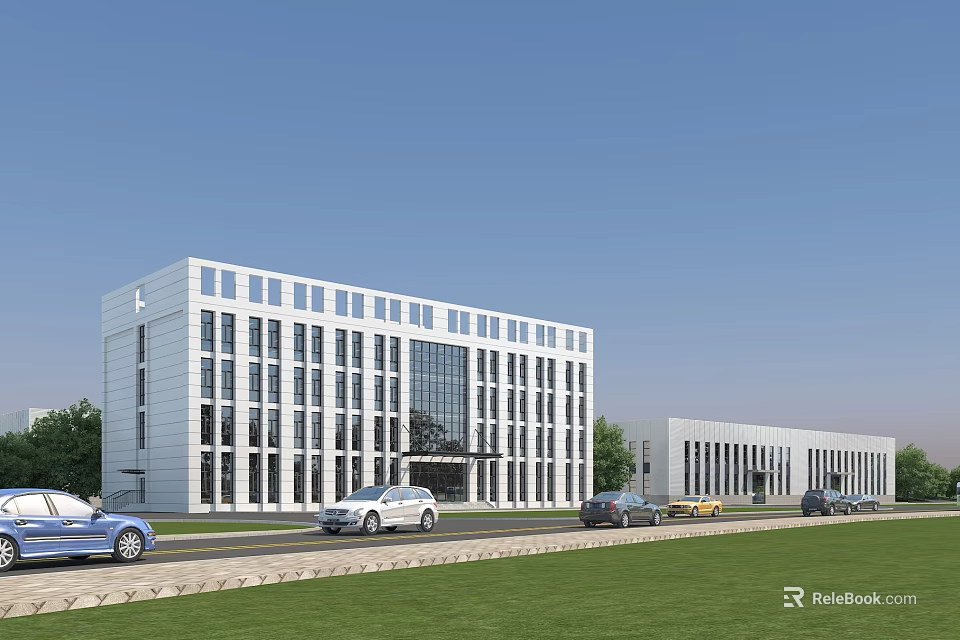 Modern Office Building With Glass Facade Lawn And Adjacent Structure With Cars 3d model 