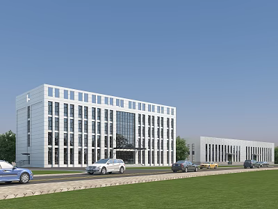Modern Office Building With Glass Facade Lawn And Adjacent Structure With Cars 3d model