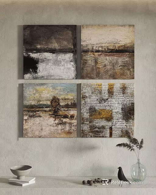 Abstract Paintings On Wall With Neutral Tones Textured Surfaces And Landscape Elements 3d model